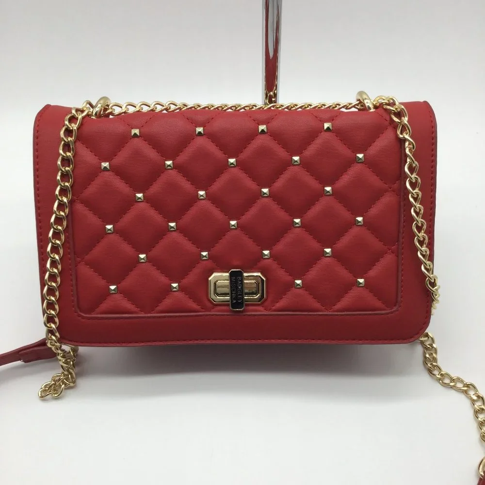 Badgley Mischka Red Quilted Flap Faux Leather Purse